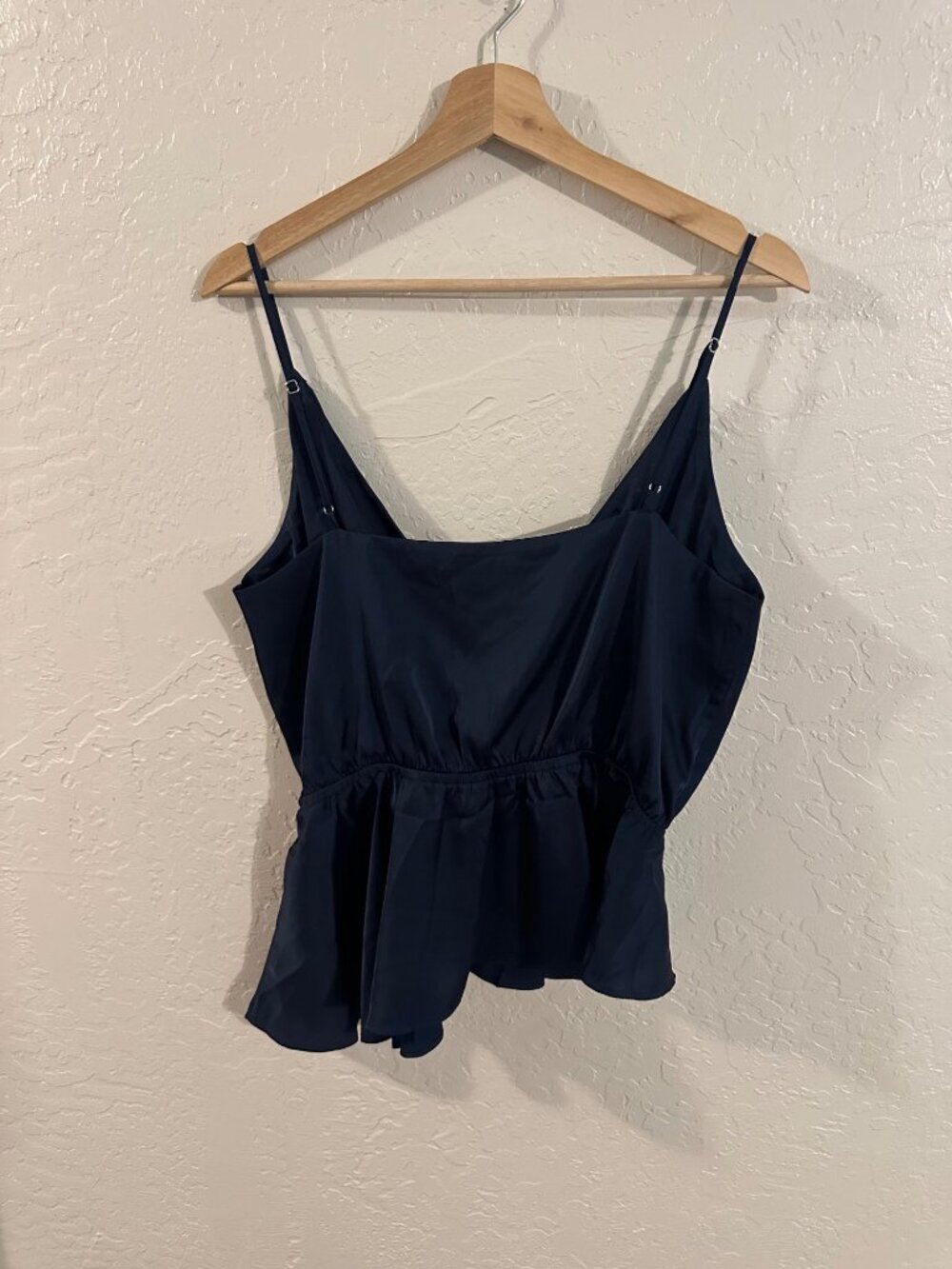 NWT WHBM Deep Blue Silky Sexy Asymmetrical Peplum Crossover Surplice Cami - Picture 9 of 9